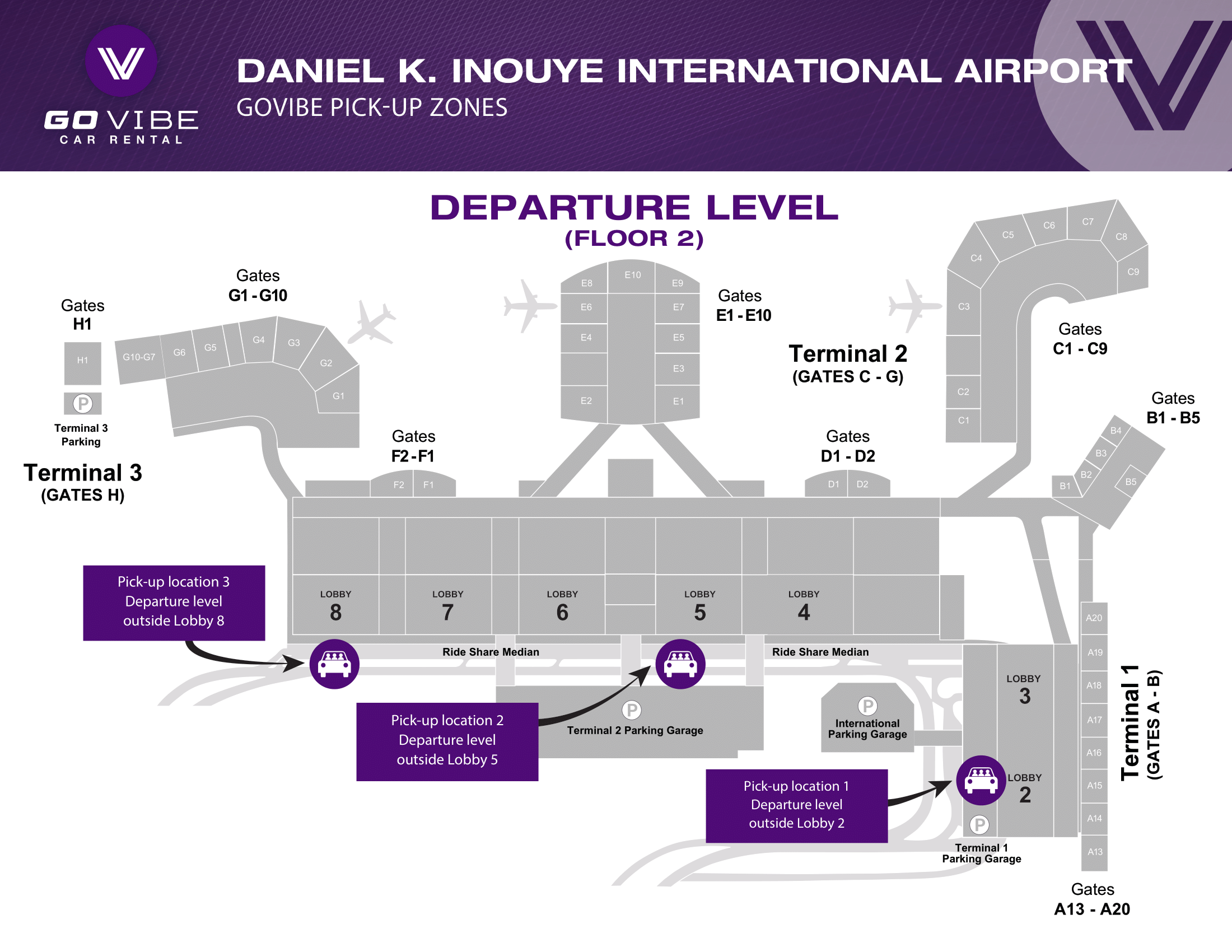 Pick up location 1 outside Lobby 2. Pick up location 2 outside Lobby 5. Pick up location 3 outside Lobby 8