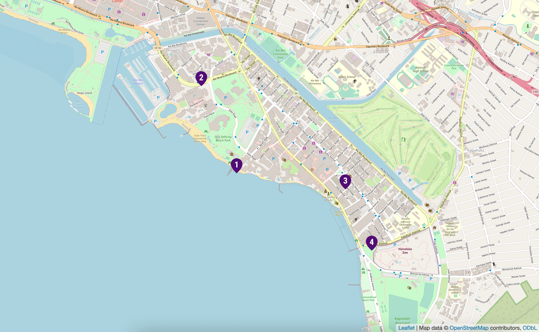 A map of Honolulu showing GoVibe’s transportation service areas near the airport
