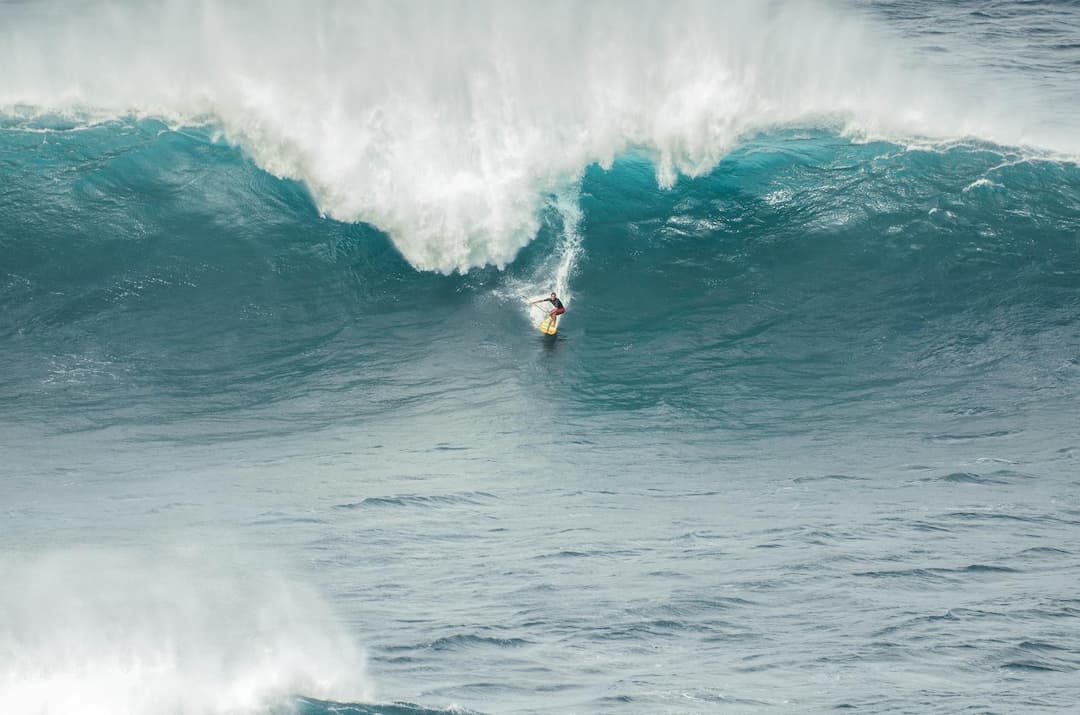 A surfer rides a wave
