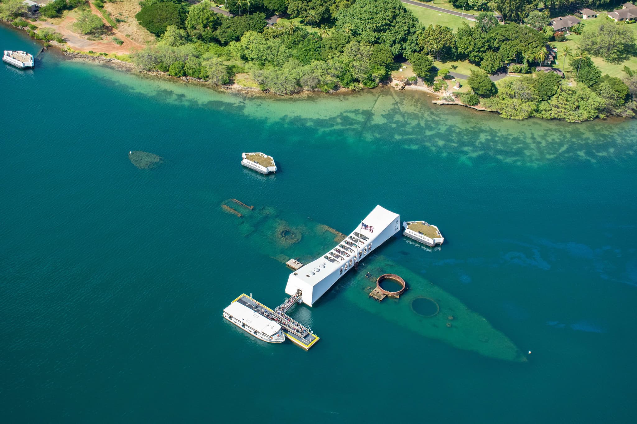 An aerial view of Pearl Harbor Memorial